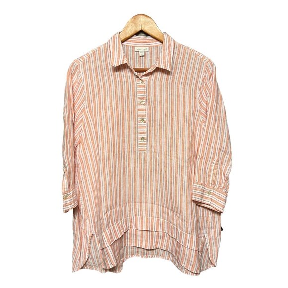 J. Jill Pure Linen Coral Orange White Striped Popover 3/4 Sleeve Tunic - Picture 1 of 13